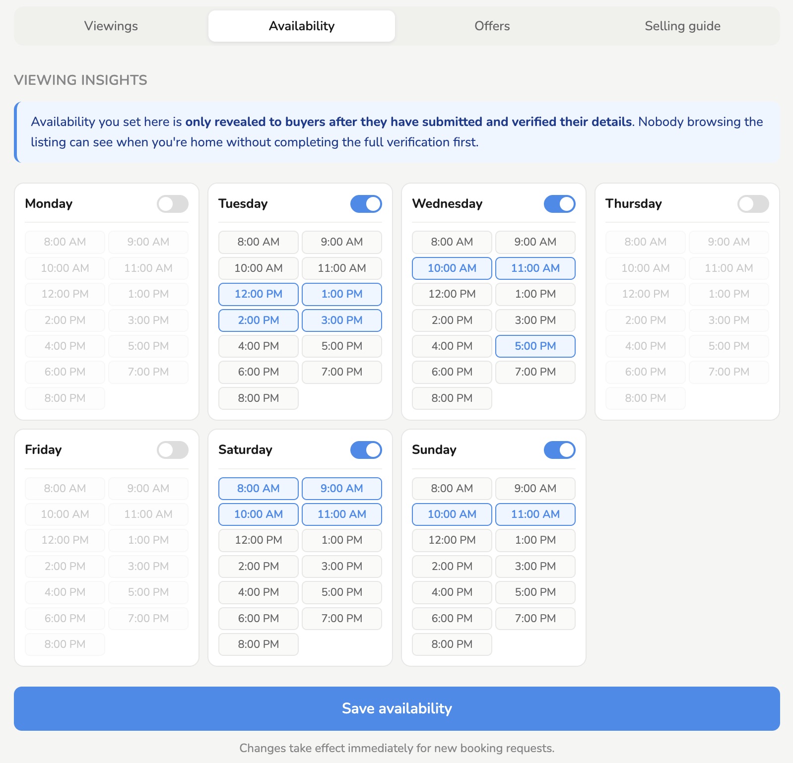 Viewing availability calendar
