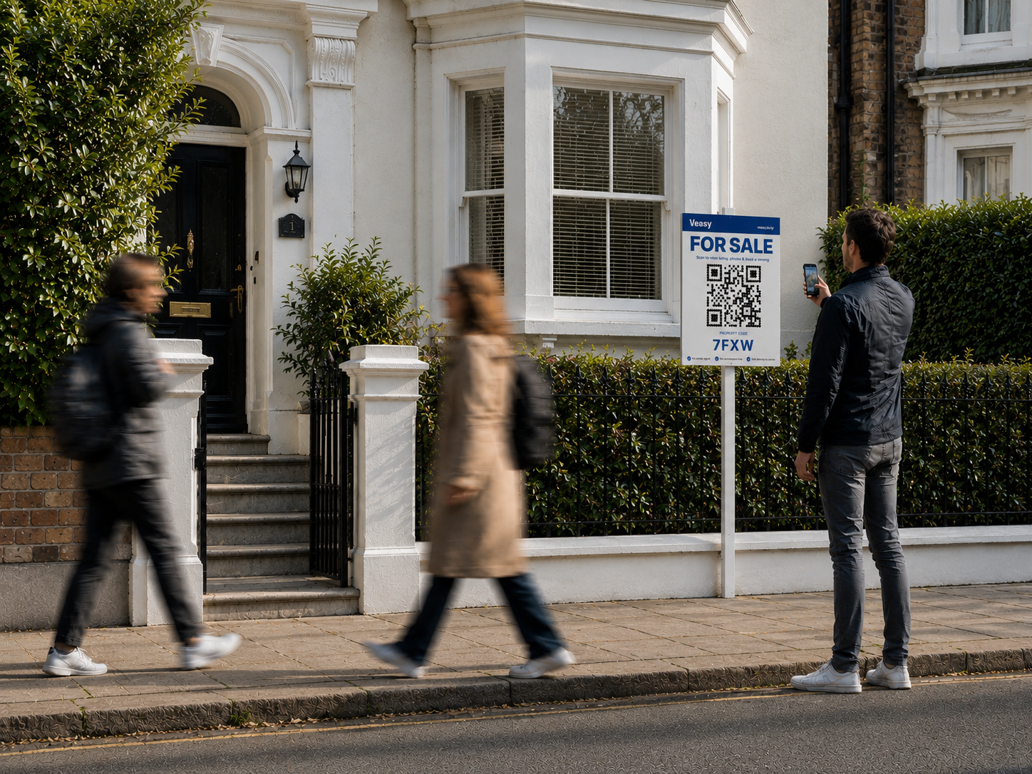 Buyer scanning a Veasy for-sale sign outside a London property